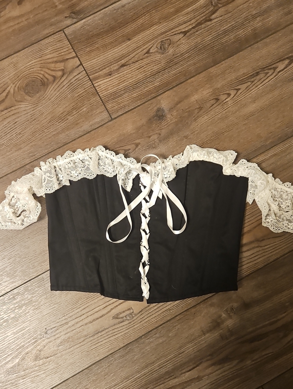 Dolls Kill Black Corset Crop Top with White Lace Trim